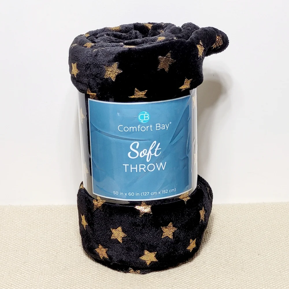 NWT Comfort Bay Black with Gold Stars 50"x60" Soft & Cuddly Throw - Picture 1 of 3